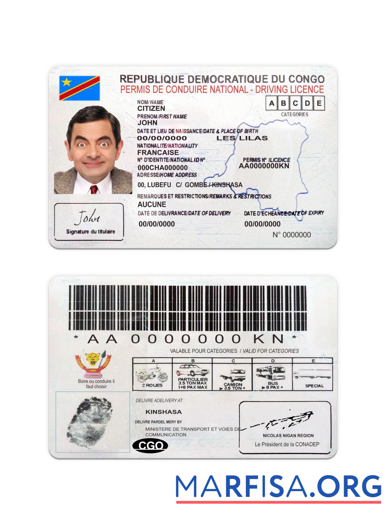 Blank Congo national driving license example
